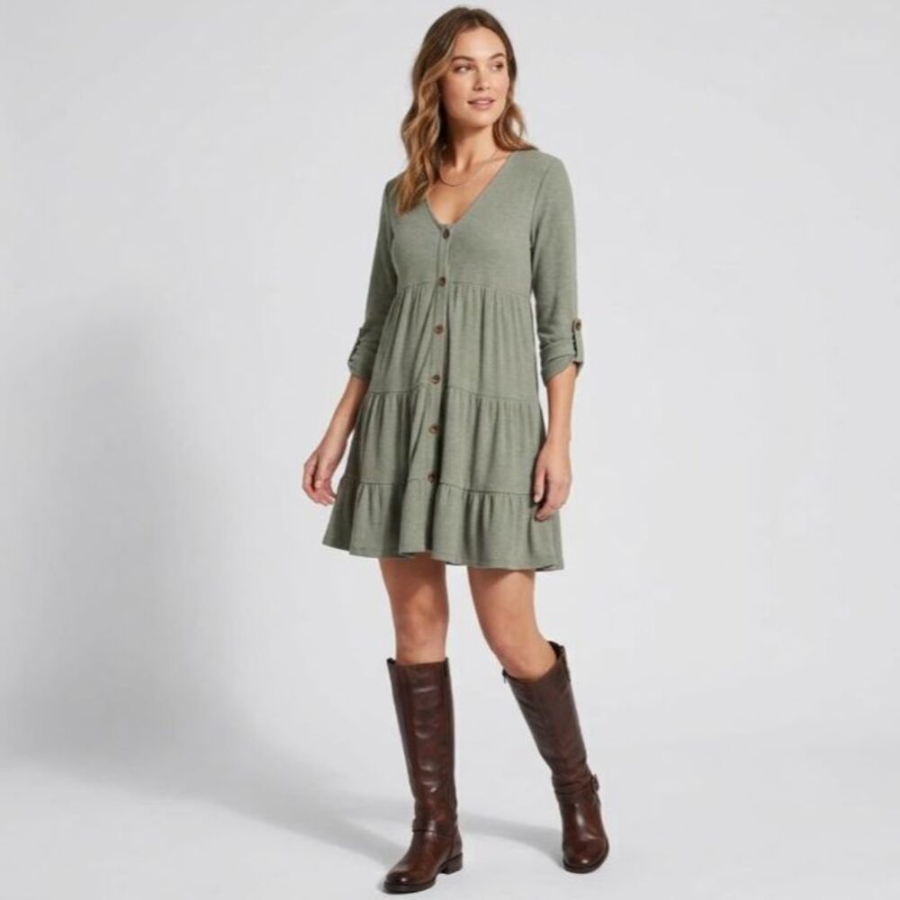 Altar'd State Womens Sage Green Ribbed Jersey Roll Sleeve Tiered Mini Dress Sz S